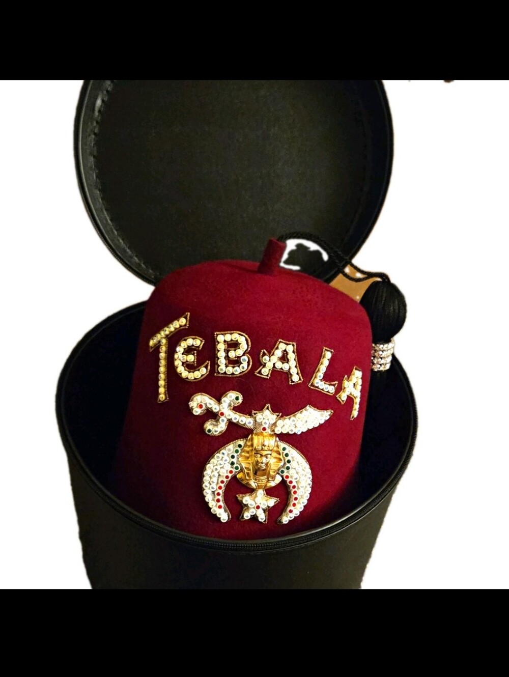 Shriners Red Felt Fez Hat w/ Tassel Jeweled Emblem & Carry Case One Size